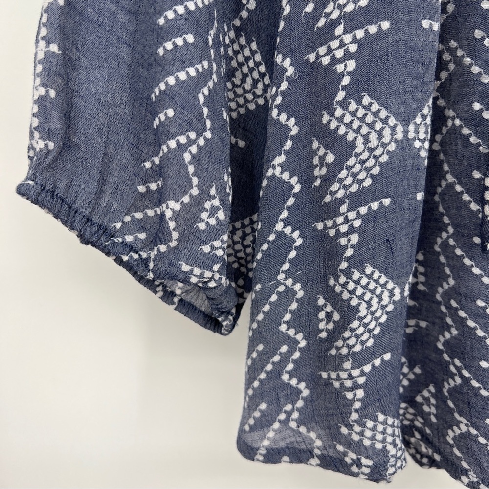 Fred David Geometric Three Quarter Sleeves Scoopneck Drawstring Blue Blouse - Picture 3 of 7